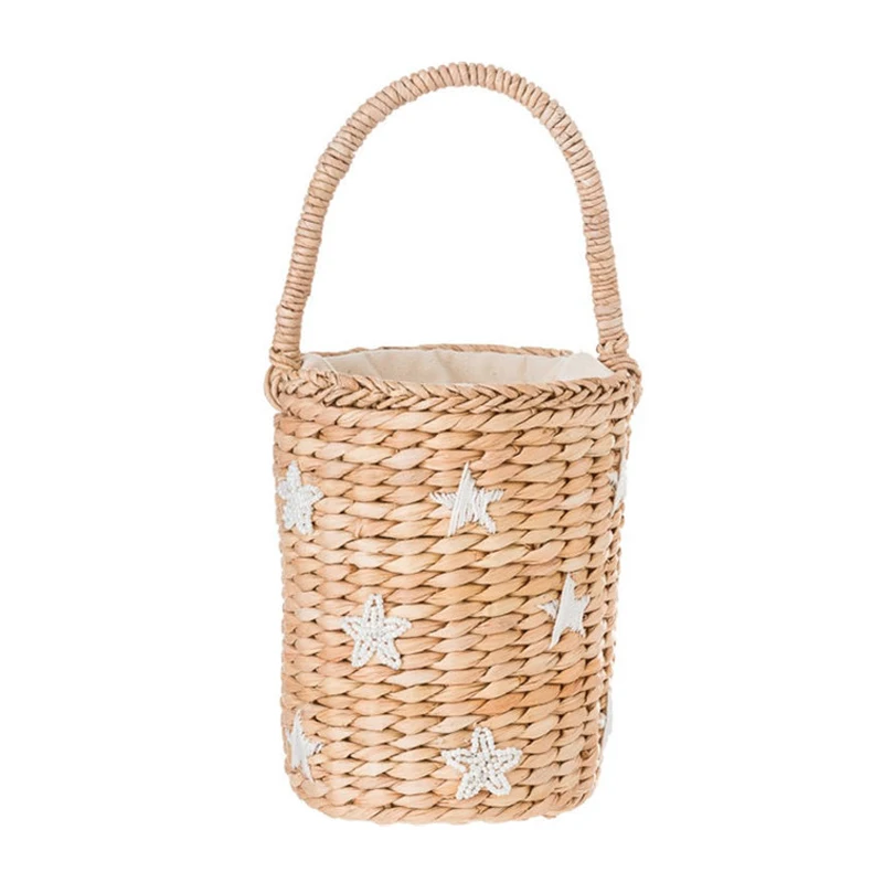 Portable Bucket Woven Bag Totes Embroidery Face Straw Bag Summer Vacation Beach Bag
