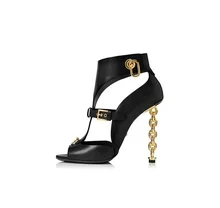 Real Photo Women Solid Brown Strange Style Peep Toe Metal Heel Ankle Buckle Strap Pumps Summer Fashion Chain Decoration Sandals newest women solid pink and black ankle buckle strap strange transparent heel sandal summer peep toe square heel shoes free ship