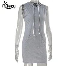 Ruoru Cotton Sleeveless Hoodie Dress Slimming Solid Gray Striped Black Casual Dress large Size Summer Tshirt Dress with Pockets