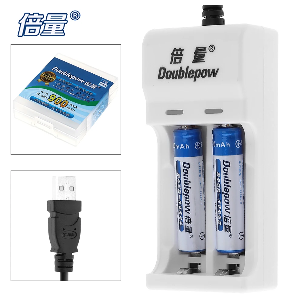 

2pcs Doublepow 900mAh Ni-MH AAA Rechargeable Battery + AA AAA USB Battery Charger with LED Indicator + Portable Battery Box Case