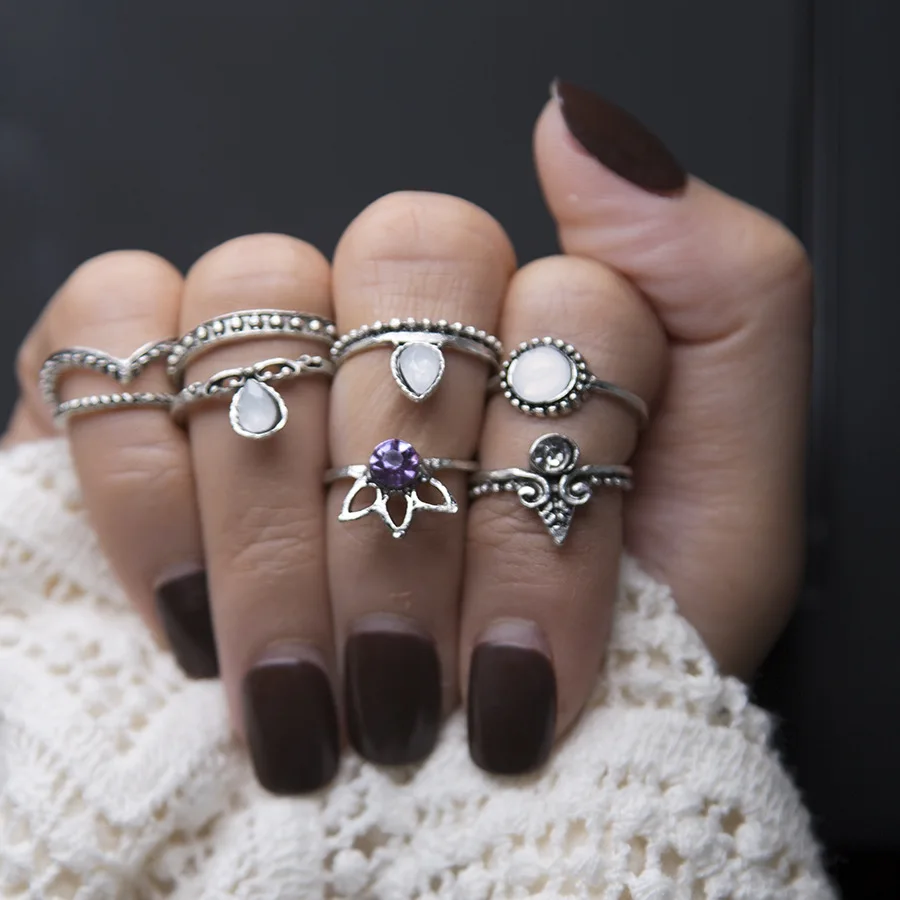 

8 PCs Women 'S Multi Finger Ring Vintage Gem Simple Stylish Ring Foreign Trade Hot New Style Cool Simple Eight Set alloy Resin R