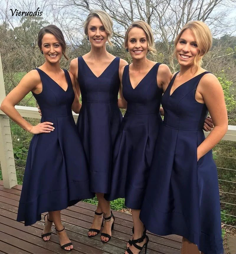 40-1                Navy Blue Short Bridesmaid Dresses 2019 Simple Satin A Line Tea Length Cheap Women Wedding Party Gowns High Quality Custom Made