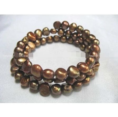 

3 rows 7.5-8.5mm brown freshwater pearl bracelet @^Noble style Natural Fine jewe SHIPPING 5.25