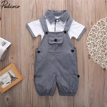 

Newborn Baby Kids Baby Strap Sets Gentleman Basic Short Sleeve Shirts + Gray Jumpsuit Romper 2PCS Clothes Sets Outfits