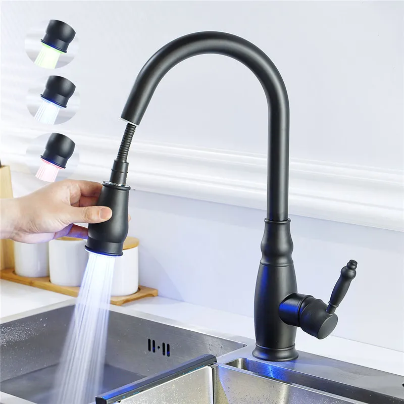 

LED Pull Out Kitchen Faucet Black Mixer Faucet for Kitchen Single Handle Pull Down Sink Faucet Deck Mounted Crane for Sinks