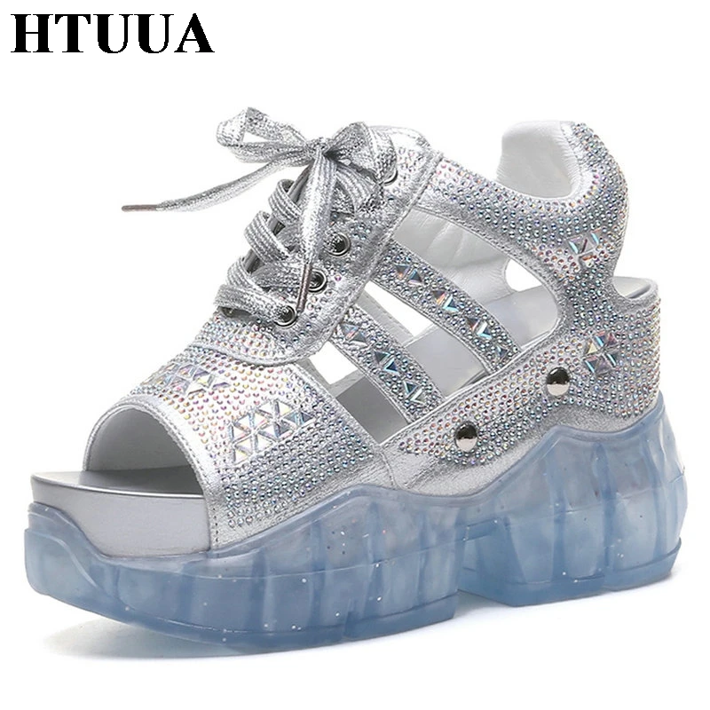 

HTUUA Fashion Crystal Glossy Leather Wedges Platform Sandals Women Casual Sneakers Summer Shoes Woman High Heels Sandalia SX2647