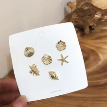 MENGJIQIAO Новинка в Корейском стиле; 6 шт./компл. Модные море раковину, серьги со шпилькой, для Для женщин симпатичный жемчуг, морская звезда ручной работы ювелирные подарки