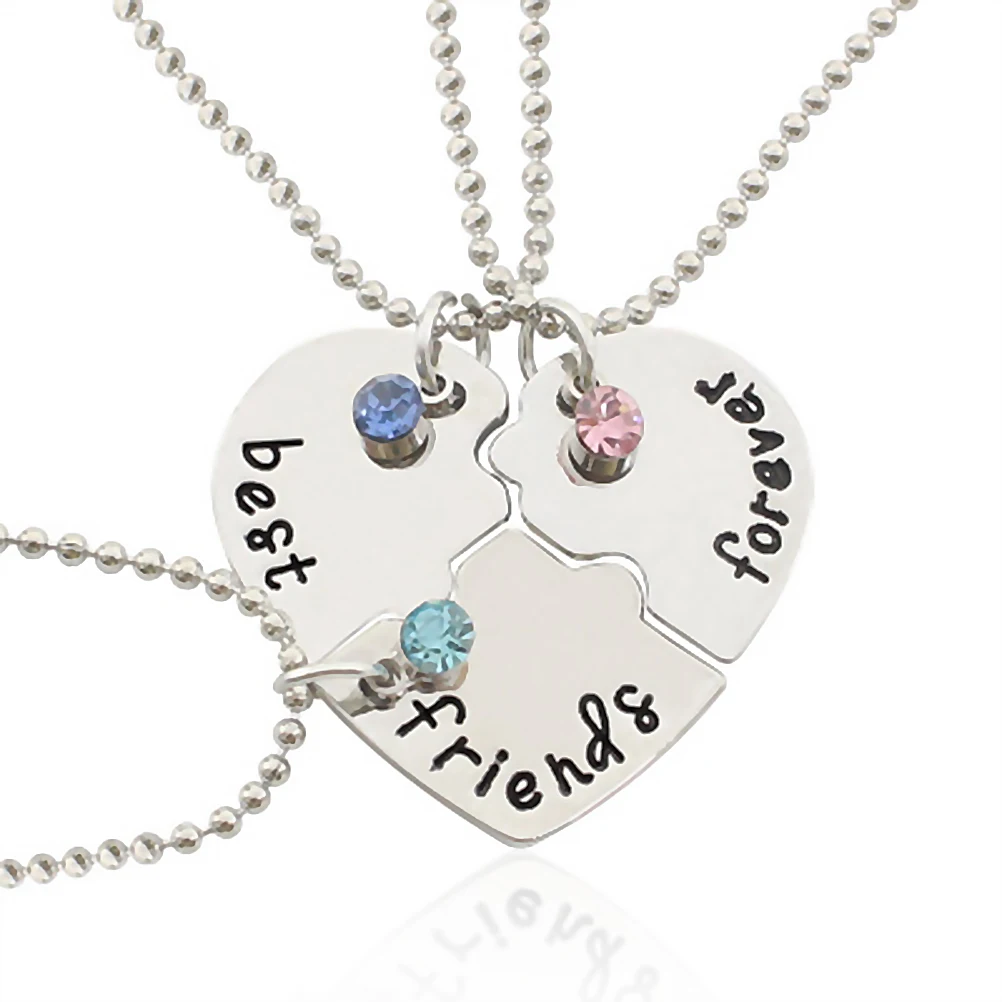 

Silver Tone Alloy Rhinestone Best Friends Forever Necklace Engraved Puzzle Friendship Pendant Necklaces Set for Girls Female