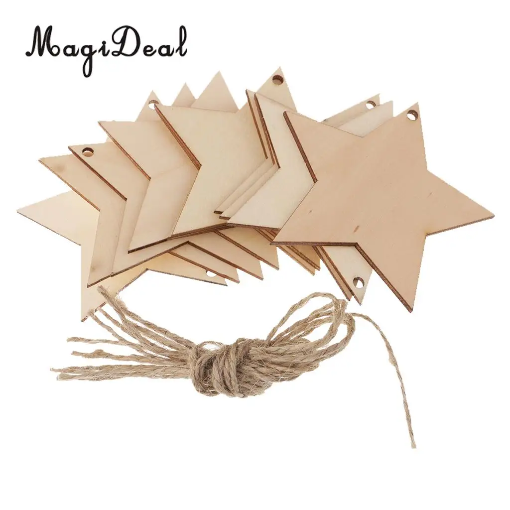 MagiDeal Unfinished 10Pcs Wood Five Pointed Star Shapes Tags Craft Embellishment & Twine DIY for Decoupage Print Paint Project