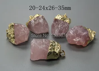 

5pcs/lot,Large Natural Pink Quartz Cut Nugget with 24K gold Edges Pendant Beads,raw quartz crystal rough nugget healing pendant