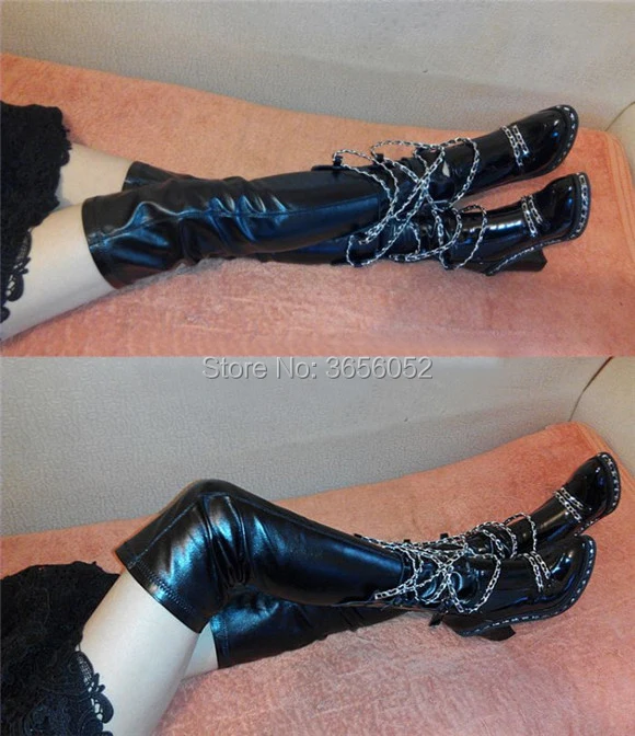 Qianruiti/Botas Mujer; обувь на платформе; черные кожаные высокие сапоги до бедра на высоком квадратном каблуке с цепочкой; женские ботильоны; длинные ботинки; 43
