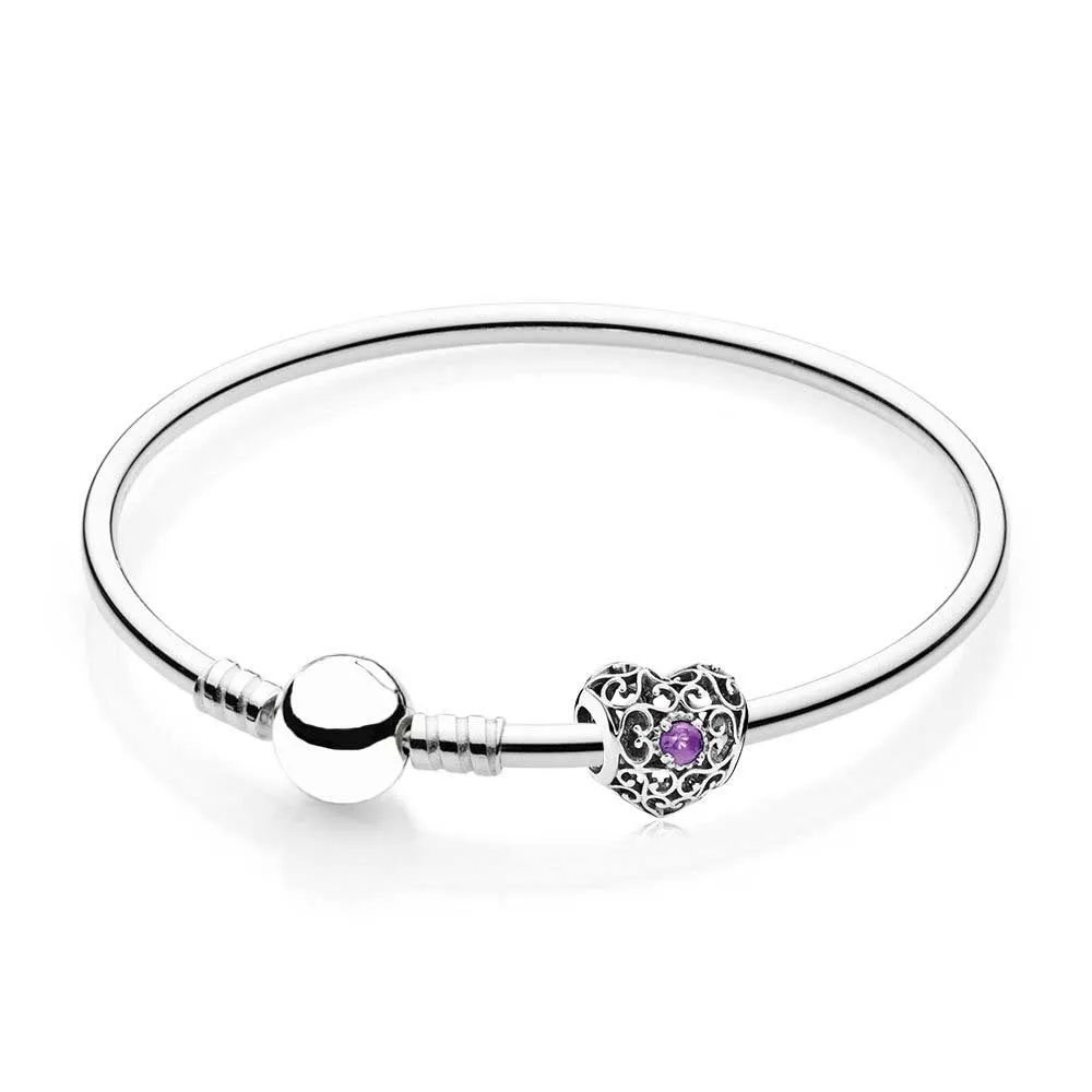 

NEW 100% 925 Sterling Silver February Heart Birthstone Bangle Gift Set Fit DIY Original charm Bracelets jewelry A Set