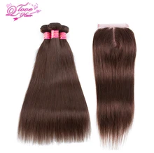 Queen Love Hair Pre-colored 100% Human Hair Bundles With Closure 3 Bundles Peruvian Straight Hair Weave #4 Color Non-Remy Hair