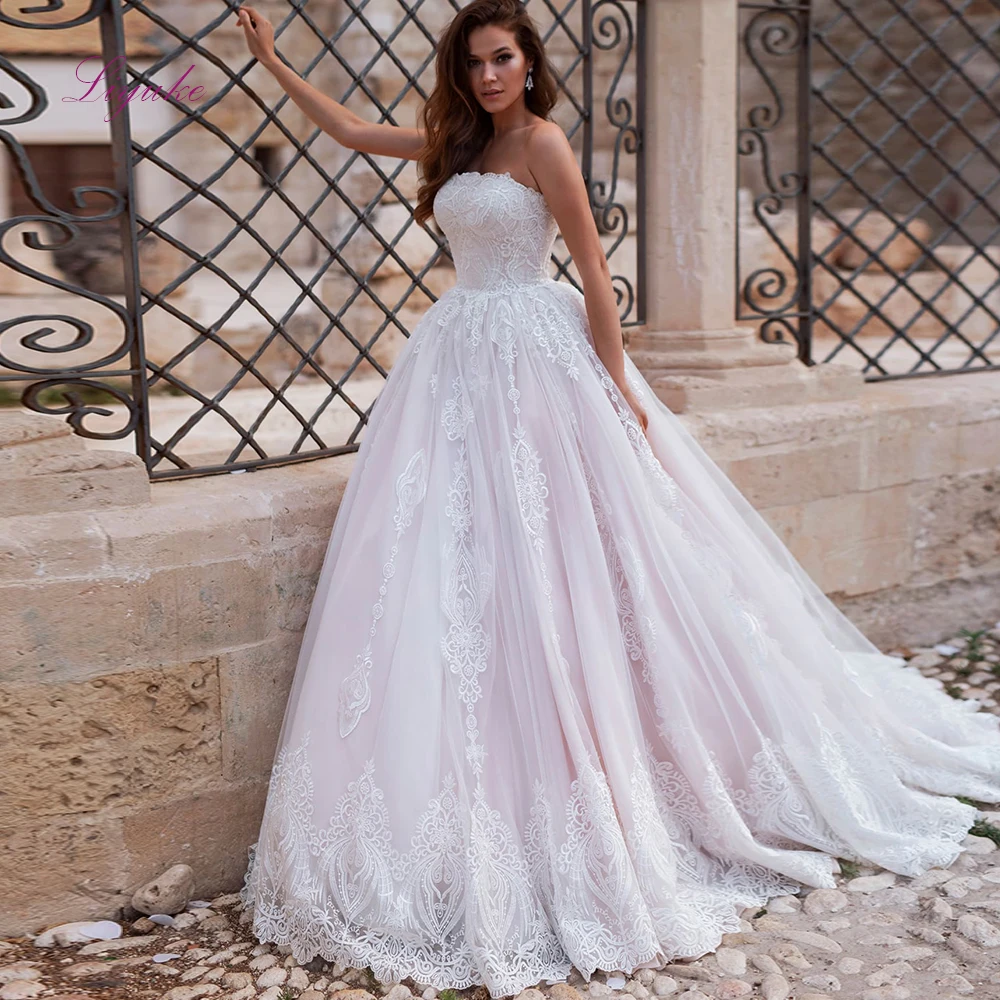 

Liyuke 2019 Married Ball Gown Wedding Dress Lace Up Appliques Strapless Customer Made Size Vestido de novia
