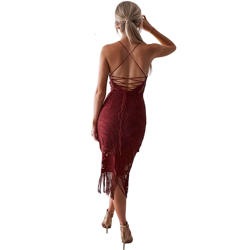 Women Sexy Backless Lace Midi Dress Summer Halter V Neck Tassel Fringe Dresses Spaghetti Strap Lace up Dress Dresses