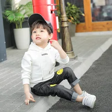 2019 new jeans with cartoon smiley face printed rolled-up trousers children's stretch slacks boys solid tee with rolled hem jeans