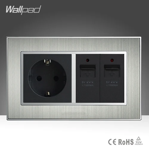  Enchufe europeo 16A y doble puertos de carga USB Metal satinado plata enchufe de pared eléctrico es