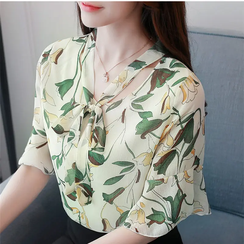 New Fashion Bow O Neck Flower Print Chiffon Blouse Women