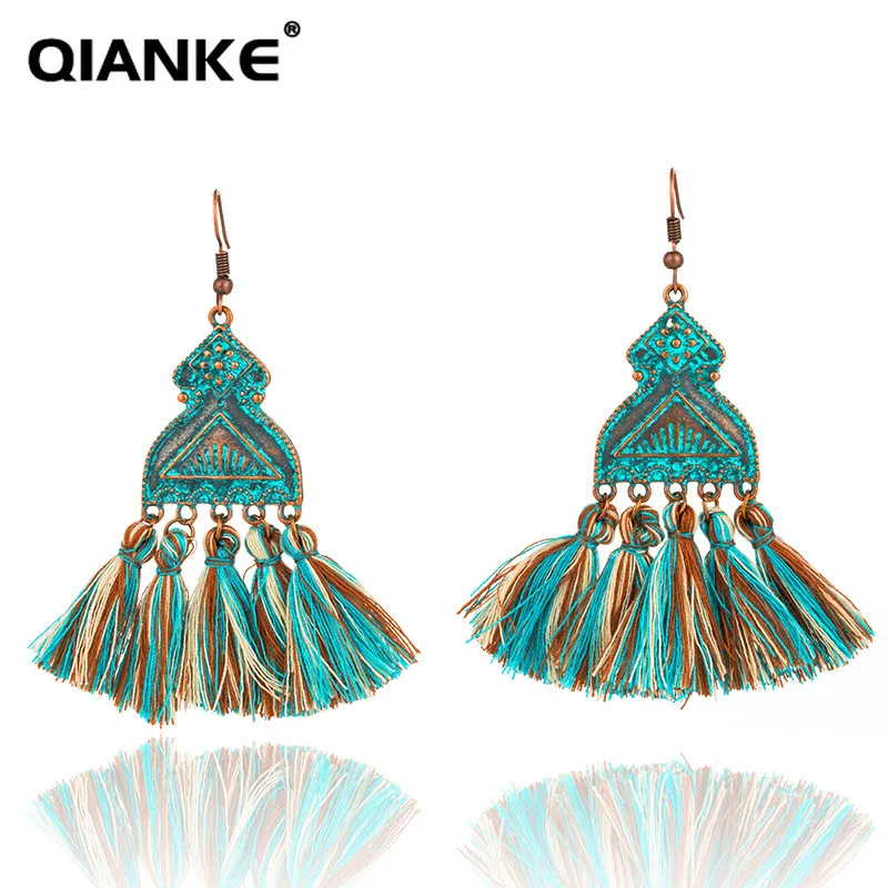 QIANKE Винтаж большой кисточкой серьги для Для женщин Boho Ретро длинное эффектное