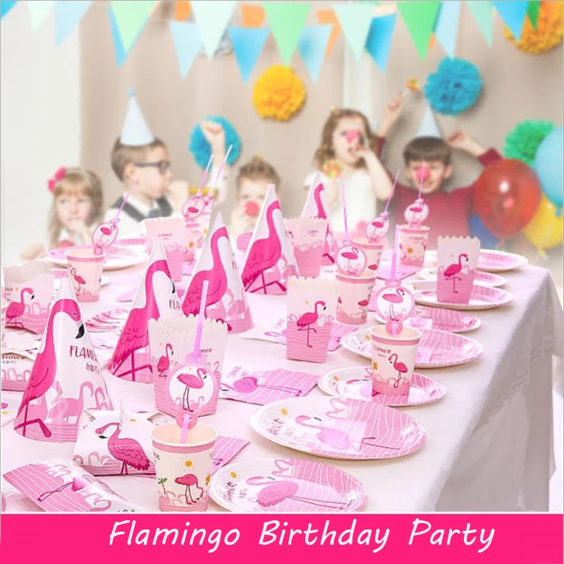  Birthday Decoration Cartoon Flamingo Party Kids Baby Shower Girl Flamingo Party Set Disposable Plat - 32973485570