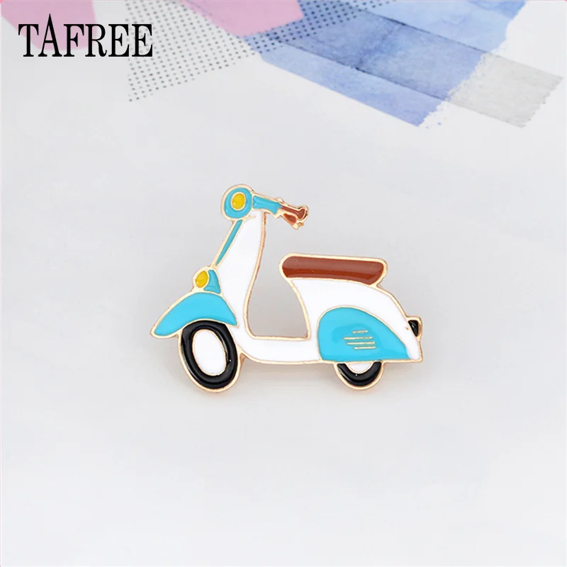 

TAFREE Enamel electric vehicle alloy Brooches cartoon shape women Lapel Pins New Fashion Badge Shirt collar Jewelry LP451