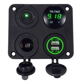 

USB Charger 2.1A & 2.1A Green Voltmeter Power Outlet ON-OFF Switch Four Functions Panel for Car Boat Marine RV Truck Vehicles