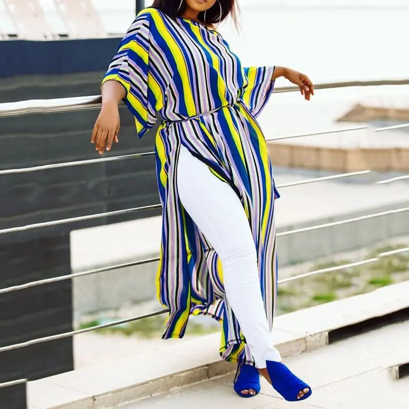 

Casual African Fashion Plus Size Dress Women Loose Robe Street Color Stripe Summer Batwing Sleeve Split Big Sizes Maxi Dresses