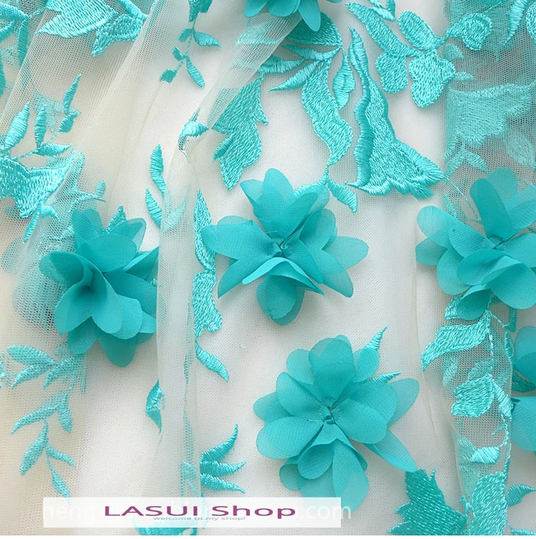 LASUI NEW 1 yard FOR Wedding dress skirt accessories X0543 Elegant Green mix blue 3D flower embroidered mesh lace fabric