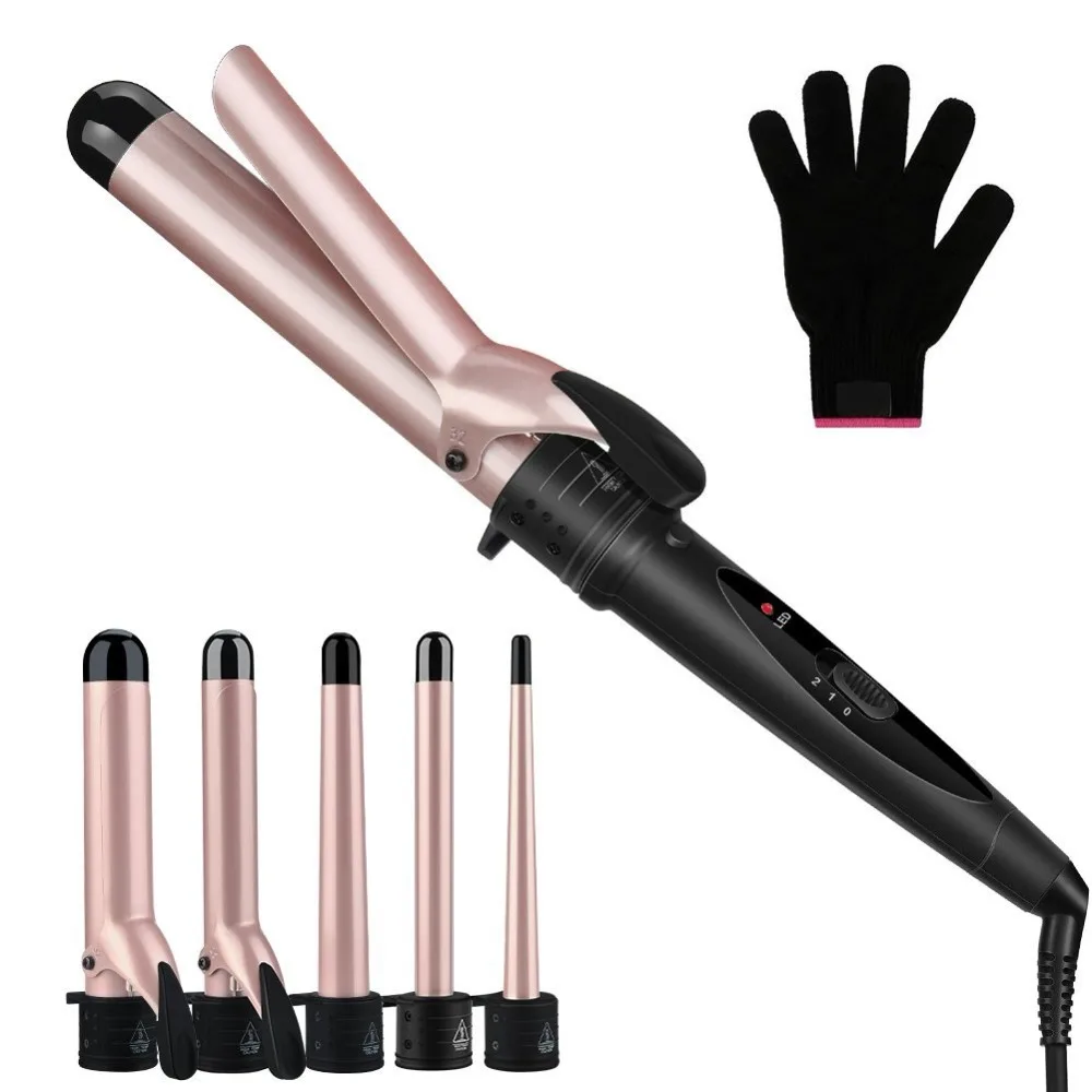 

Curling Iron 5 in 1 Hair Curler Curling Wand Set 0.3 to 1.25 inch Interchangeable Ceramic Barrels with Heat Resistant Glove