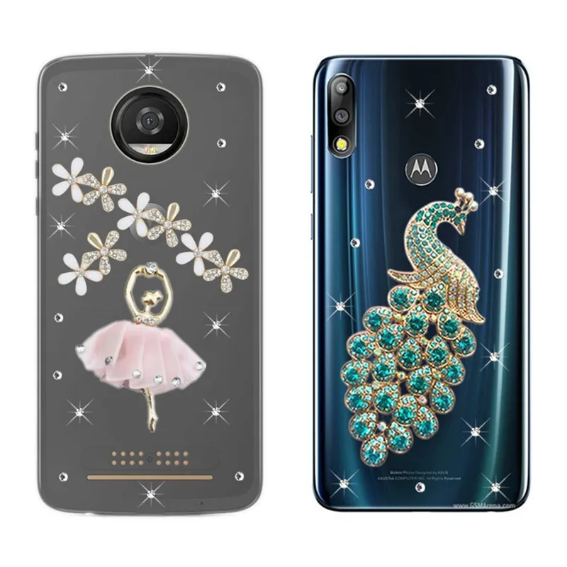 

Phone case For Motorola One Power G7 G5 G5S G6 Plus Z2 Z3 Play For Motorola P30 Android peacock Pattern clear diamond cover