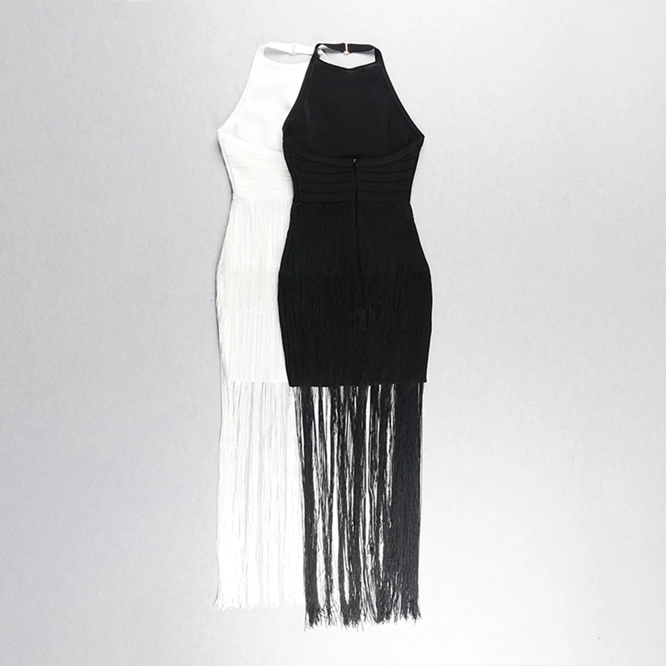 Summer New Sexy White Women's Midi Bandage Dress Sleeveless Halter Fringe Bodycon Dress Celebrity evening Party Vestidos