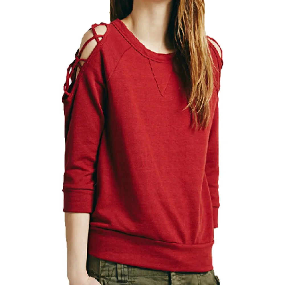 Clothink Women Red Novelty Cold Shoulder Strappy Detail Sweatshirt Sexy