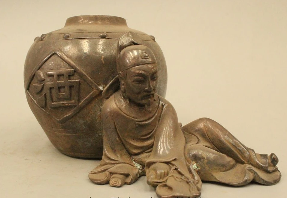 

China Chinese Folk Pure Bronze Drunkard wine jar poet Li Po Statue