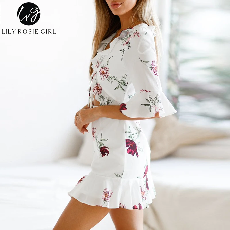 Lily Rosie/белое платье с оборками короткий рукав клеш женское мини Vestidos сексуальное v