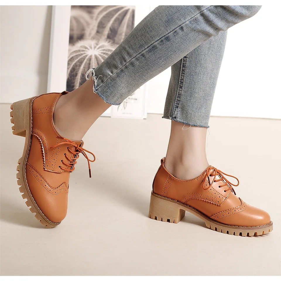 Women Oxfords Shoes Handmade Lace-up Round Toe Thick Heel Leisure Comfortable and Soft Office Lady Shoes