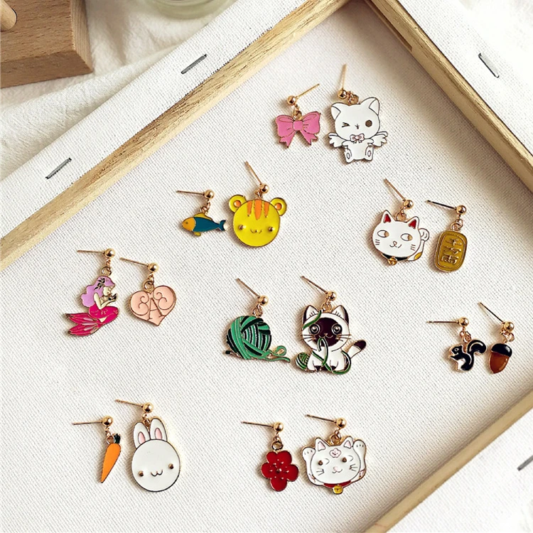 Харадзюку стиль милый цветок бантом рыбы и кошки играть мяч пряжи серьги гвоздики кролик с морковкой белка и Гайка Серьги русалки