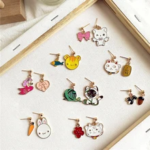 Харадзюку стиль милый цветок бантом рыбы и кошки играть мяч пряжи серьги гвоздики кролик с морковкой белка и Гайка Серьги русалки