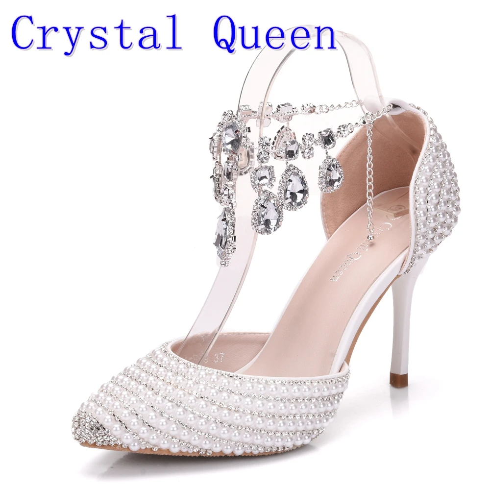 Crystal Queen Bridal Shoes Women Crystal Rhinestone Pointed Toe High Heels Sexy Wedding Evening Party Shoes Ladies Pumps