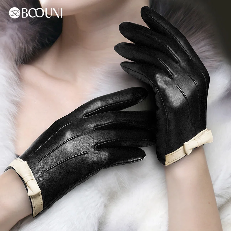 BOOUNI Genuine Leather Gloves Fashion Trend Women Sheepskin Glove Warm Spring Autumn White Bow Leather Mittens DW109