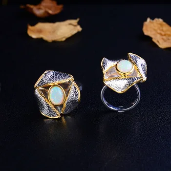 

Vintage Thai Silver Style Flower Ring Italian Gold Craft S925 Sterling Silver Inlaid Natural Australian Gem Open Ended Ring