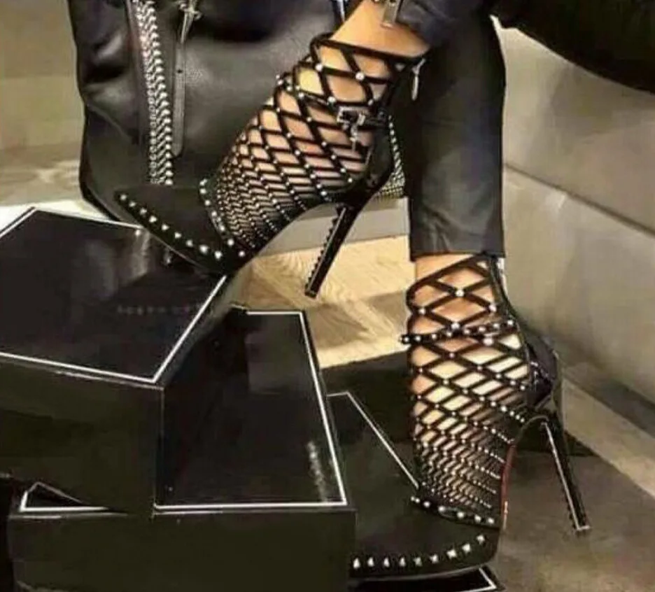 

2019 Gladiator Sandals Summer Spring Pointed Toe Rivets Studded Cut Out Caged Ankle Boots Stiletto Heel Women Shoes