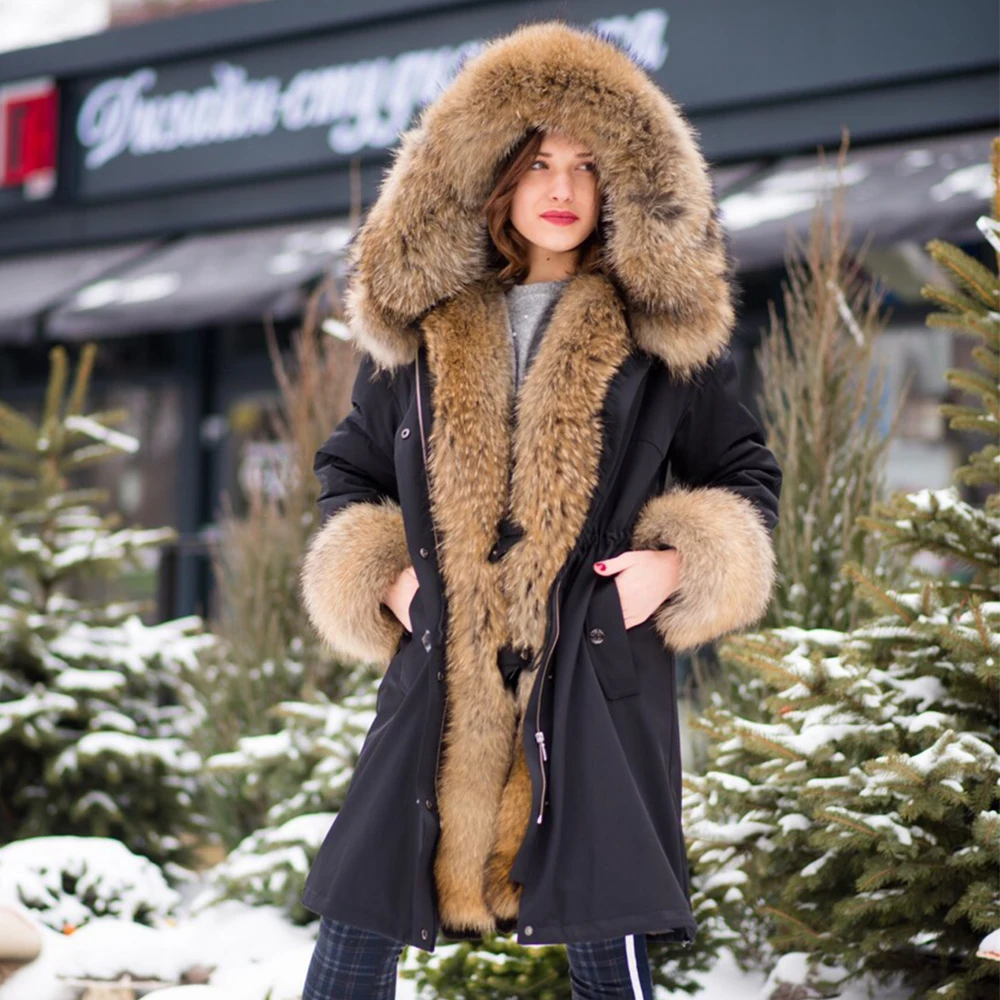 Женское роскошное пальто с натуральным мехом, теплая толстая зимняя парка, Женская длинная куртка с подкладкой из натурального меха енота, парка с натуральным мехом