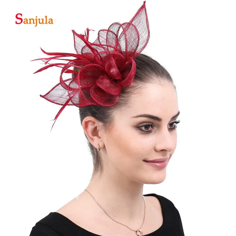 

Burgundy Linen Flowers Hats for Bridal Cute Samll Wedding Hats with Featehrs Girls Prom Party Headpiece coiffure mariage H196