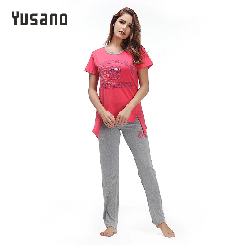 

Yusano 2017 Pajamas Cotton O neck Short Sleeve Pijama De Unicornio Print Pink Red (T shirt +Long Pants) Sleep Nightwear Pyjama