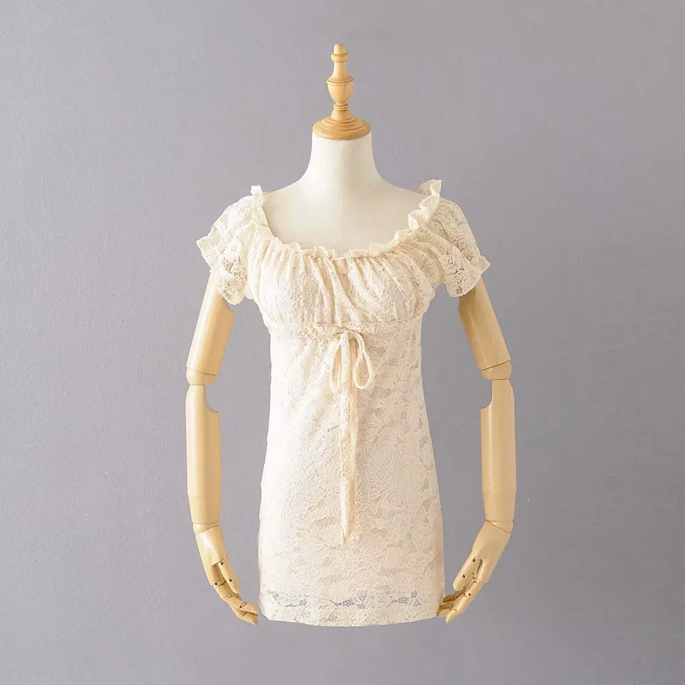 Винтажное платье лолиты в стиле ретро с кружевными рюшами и пышными рукавами, облегающее мини-платье с высокой талией - Цвет: Слоновая кость