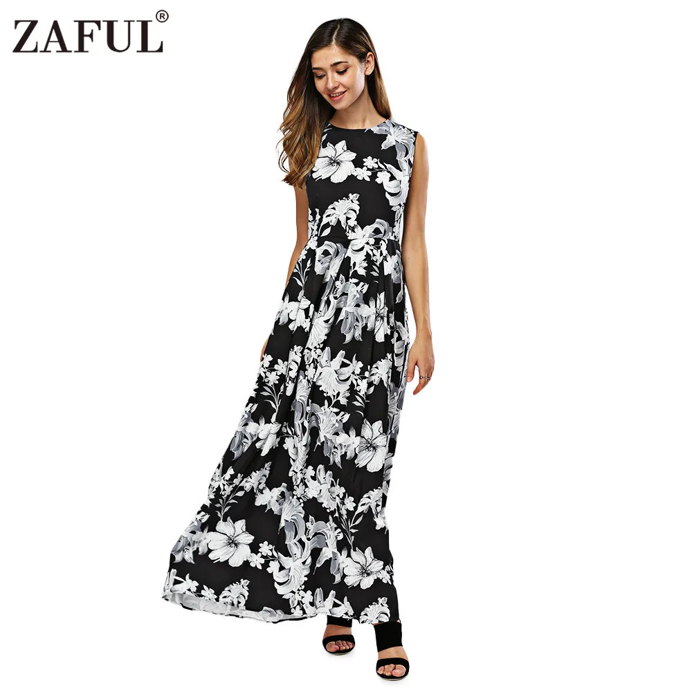 ZAFUL New Women Long Summer Dress Retro Floral Print Vintage Dress Sleeveless Floor Length