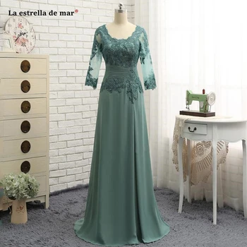 

Abito mamma sposa2019 new Scoop neck lace chiffon 3/4 sleeve A Line green mother of the bride dresses Floor Length vestidos boda