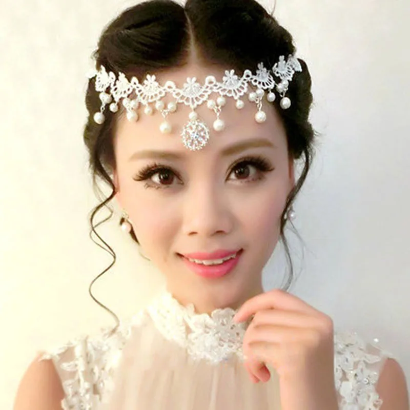 

Elegant Forehead Jewelry Wedding Crystal Women Headband Lace Floral Bridal Pearl Jewelry Marriage Diadem Wedding Accessories