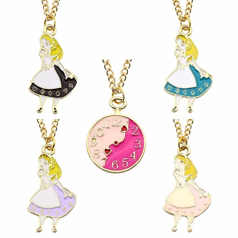 

DIY Lovely Girl Trendy Pendant Alice In Wonderland Clock Gold Chain Pendants&Necklaces Charms Choker Necklaces Gift DropShipping
