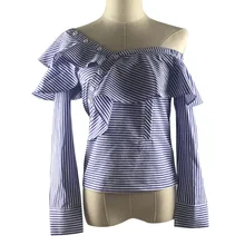 Lolita Style Skew Collar One Shoulder Ruffle Top Women Blue White Striped Off Shoulder Shirt Women Plus Size 4XL 5XL